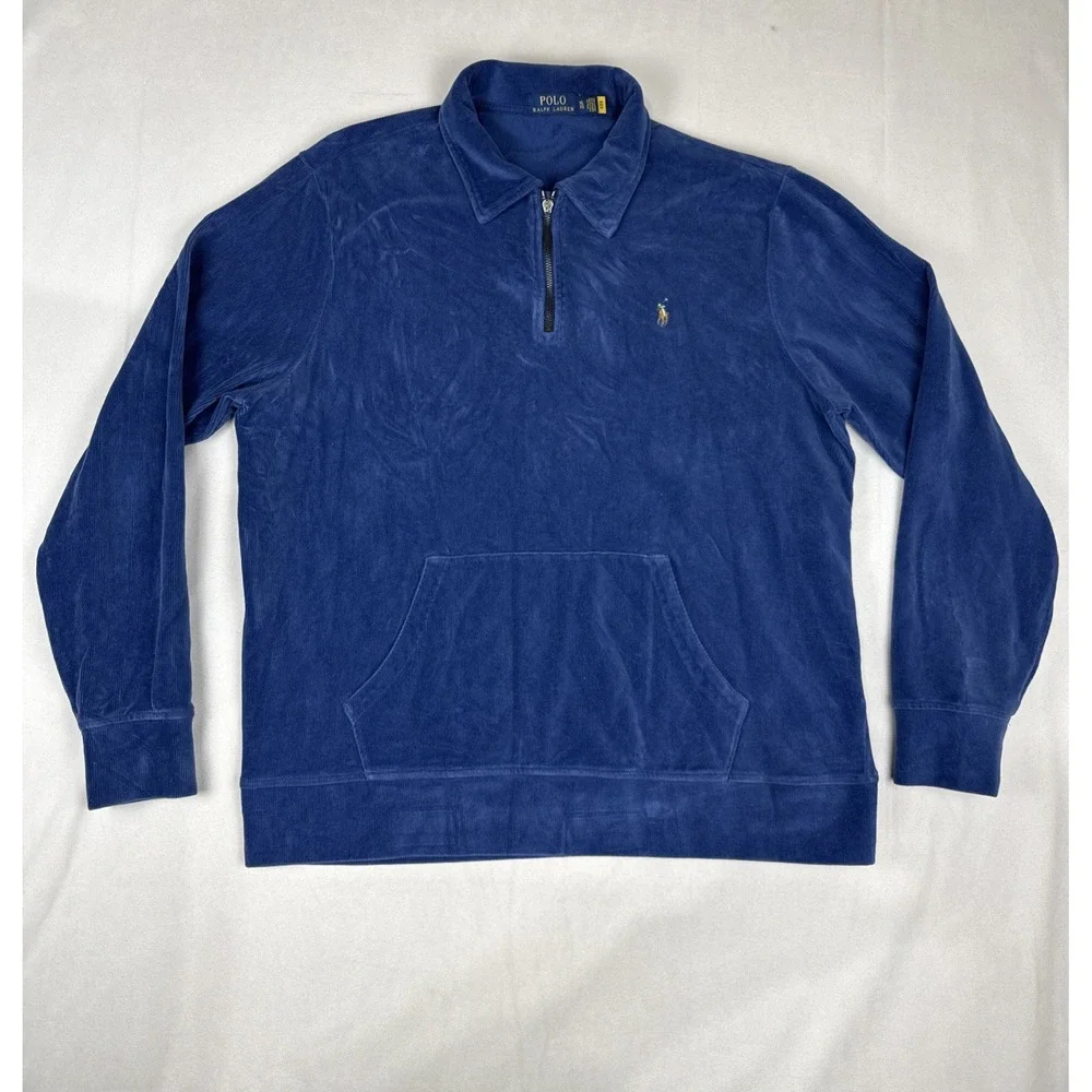 Polo Ralph Lauren Mens Navy Blue Knit Corduroy Quarter Zip Pullover Size XL READ